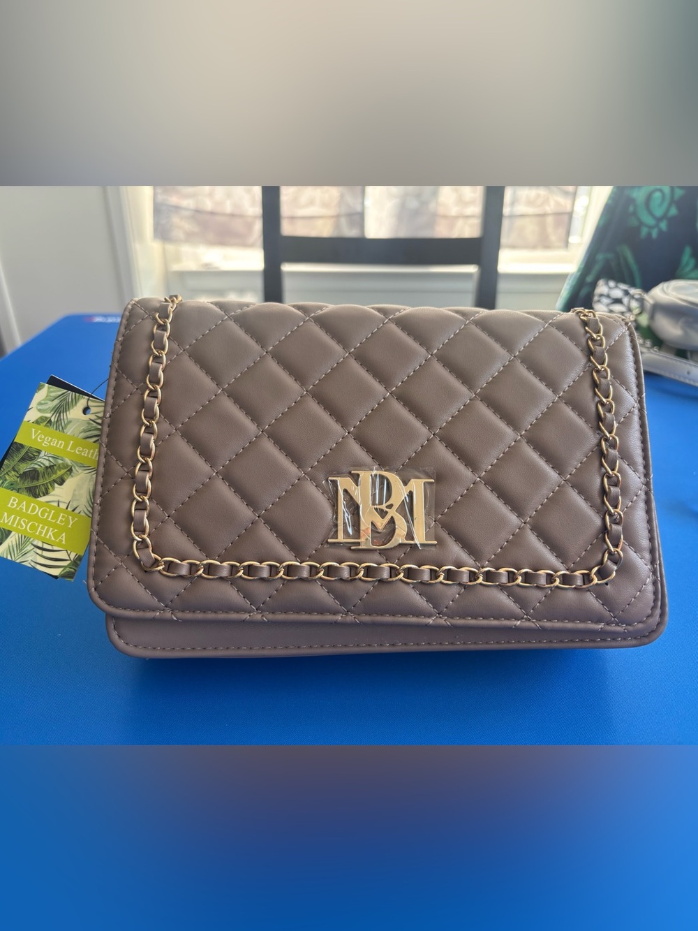 Badgley Mischka Quilted Taupe Crossbody with Gold Chain Detail NWT